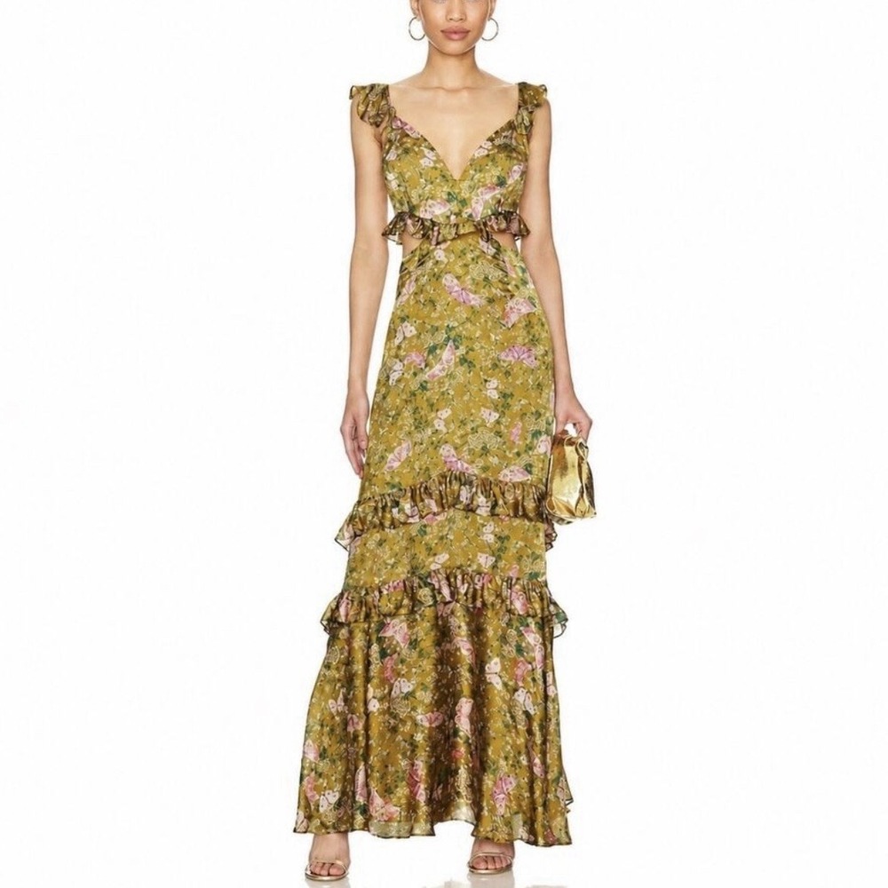 AMUR Magnolia Cutout Silk Maxi Gown in the Gold Butterfly Garden floral US 0